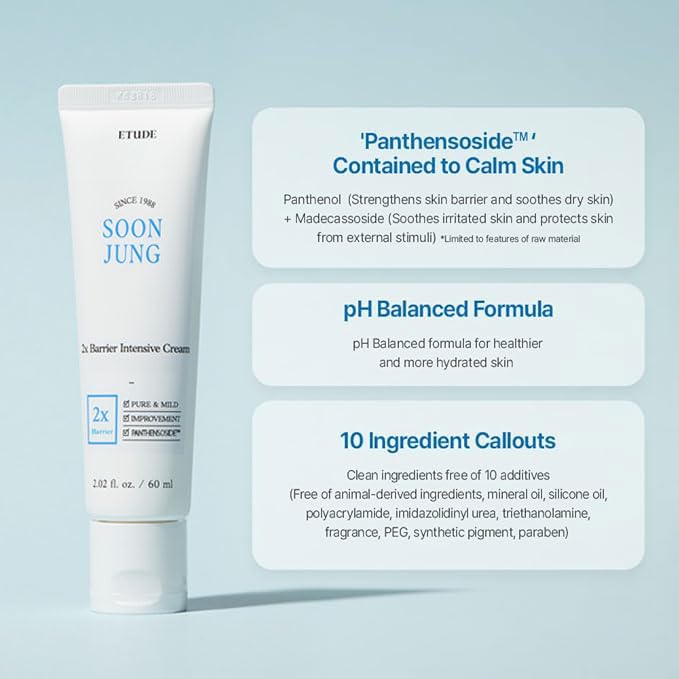 ETUDE SoonJung 2x Barrier Repair Moisturizer for Sensitive Skin - Panthenol & Madecassoside Rich Cream, pH Balanced