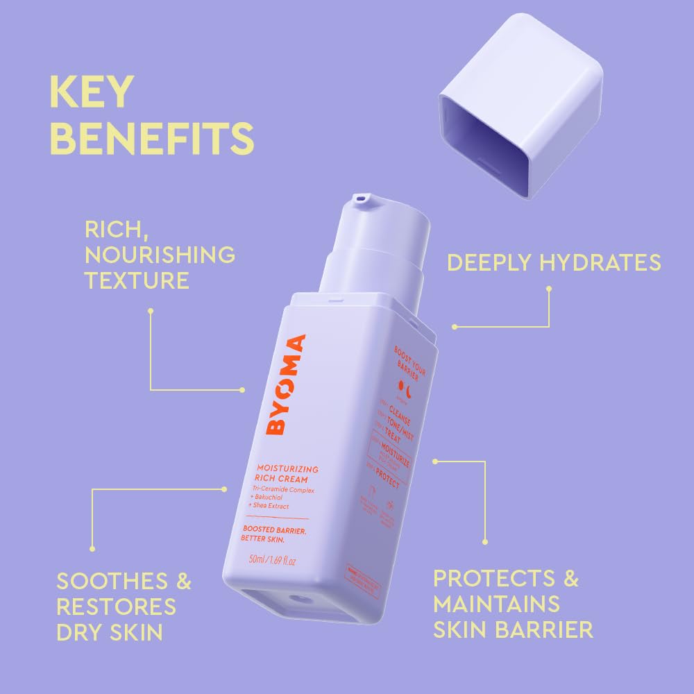 BYOMA Moisturizing Rich Cream with Bakuchiol & Ceramide for Dry Skin - Anti Wrinkle, Alcohol Free, 1.69 fl oz