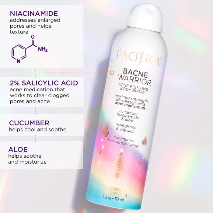 Pacifica Bacne Warrior - 2% Salicylic Acid Back Acne Spray for Body & Chest, Dermatologist Tested, 6 Fl Oz