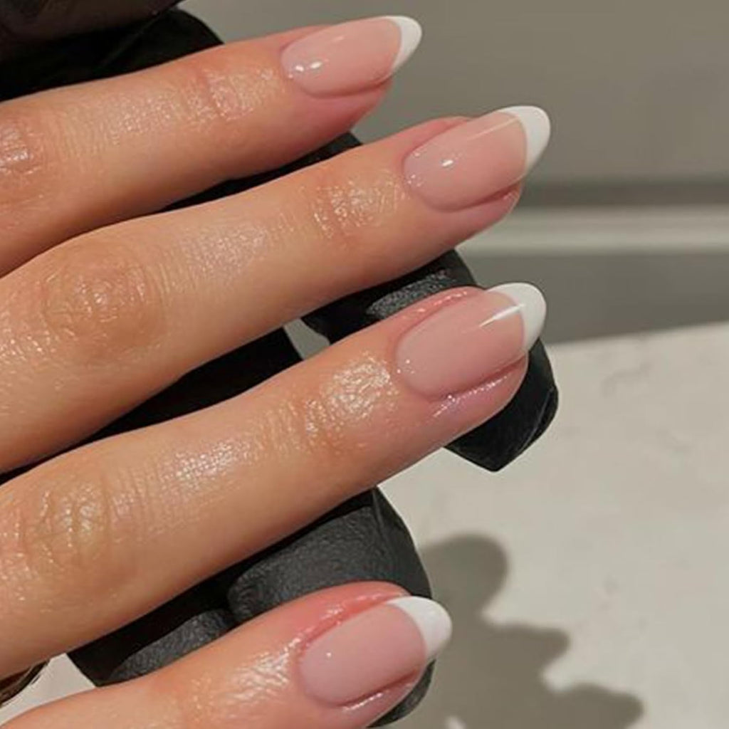 Modelones French Tip Press On Nails - 32Pcs Short Oval Nude Kit
