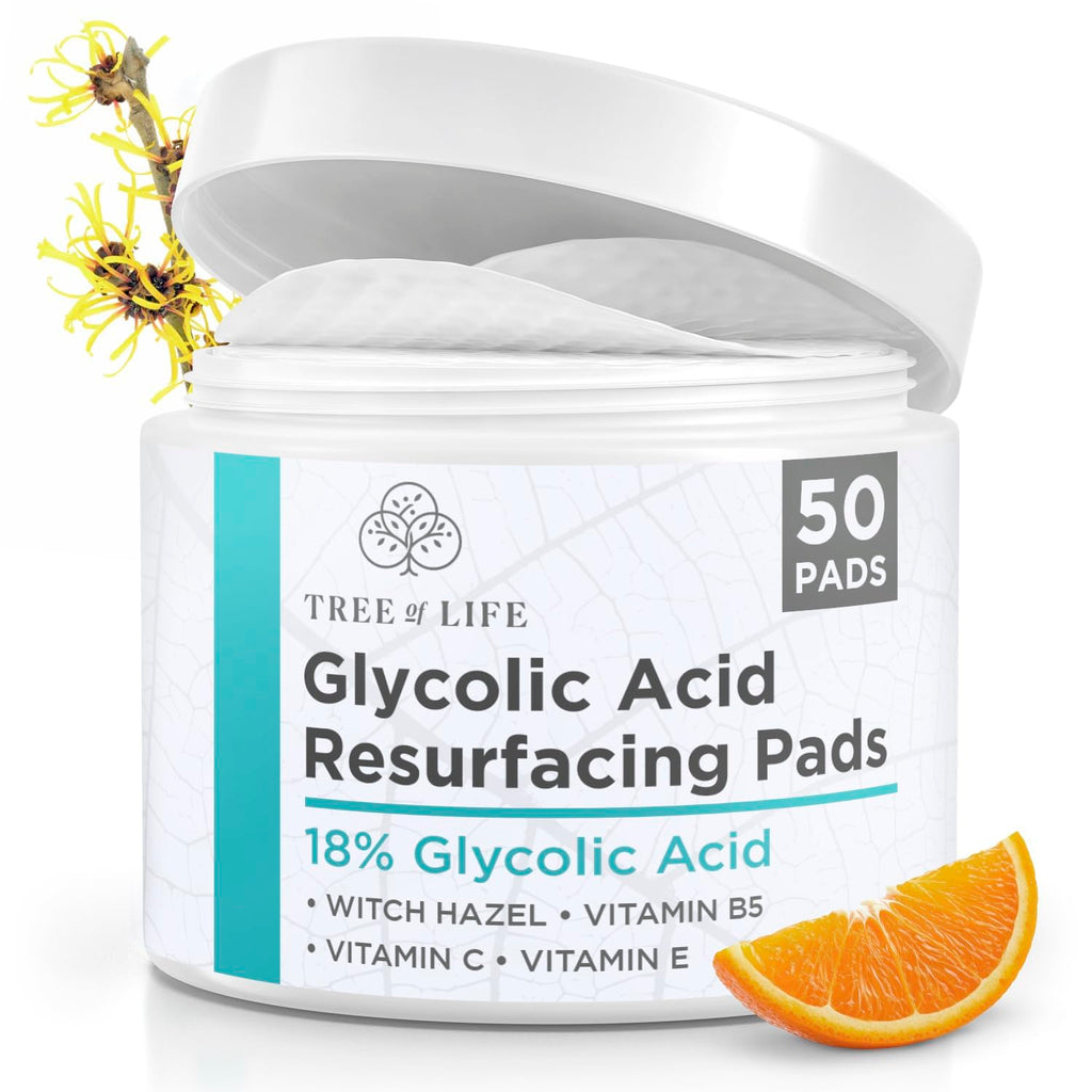 Tree of Life Beauty 18% Glycolic Acid Face Pads (50 Count) - Exfoliating Pads with Witch Hazel for Smoother Skin