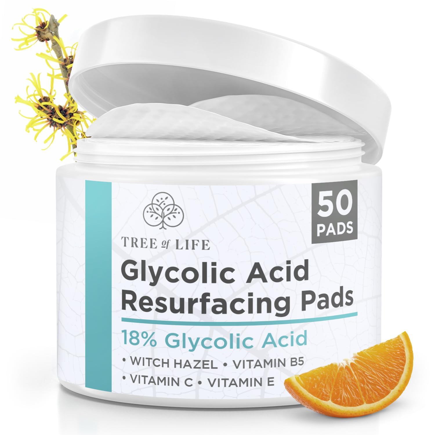 Tree of Life Beauty 18% Glycolic Acid Face Pads (50 Count) - Exfoliating Pads with Witch Hazel for Smoother Skin