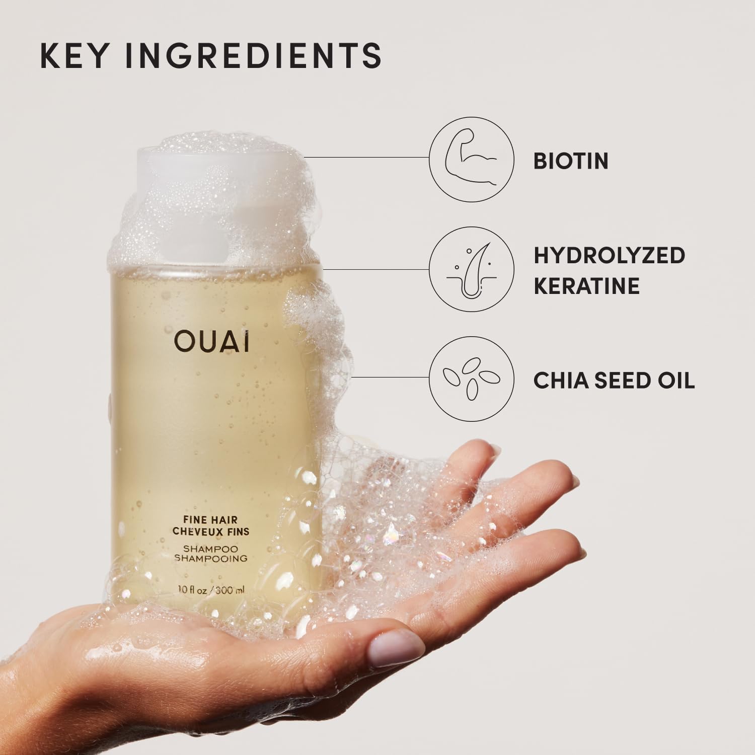 OUAI Fine Hair Volumizing Shampoo - Biotin Thickening for Flat Hair with Chia Seed Oil & Keratin, 10 Oz