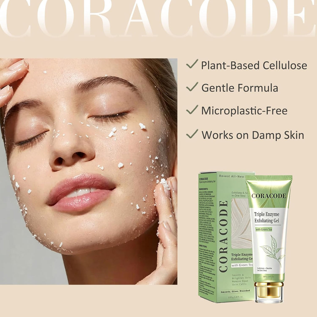 CORACODE Triple Enzyme Green Tea Facial Exfoliant Gel - Gentle Peel for Smoother Skin (100ml)