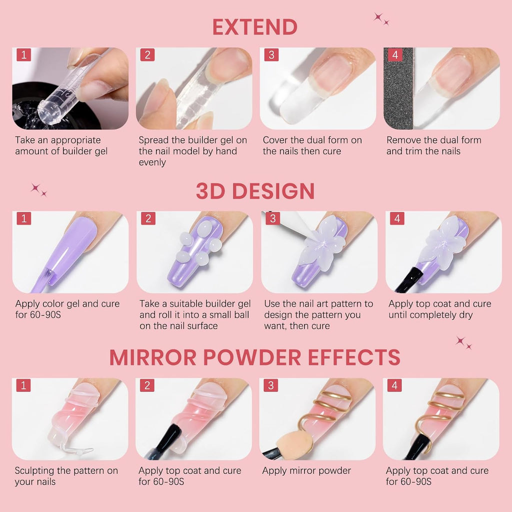 SUPWEE 3D Nail Art Gel Clear & White Builder Kit - Non-Stick for Home Manicure