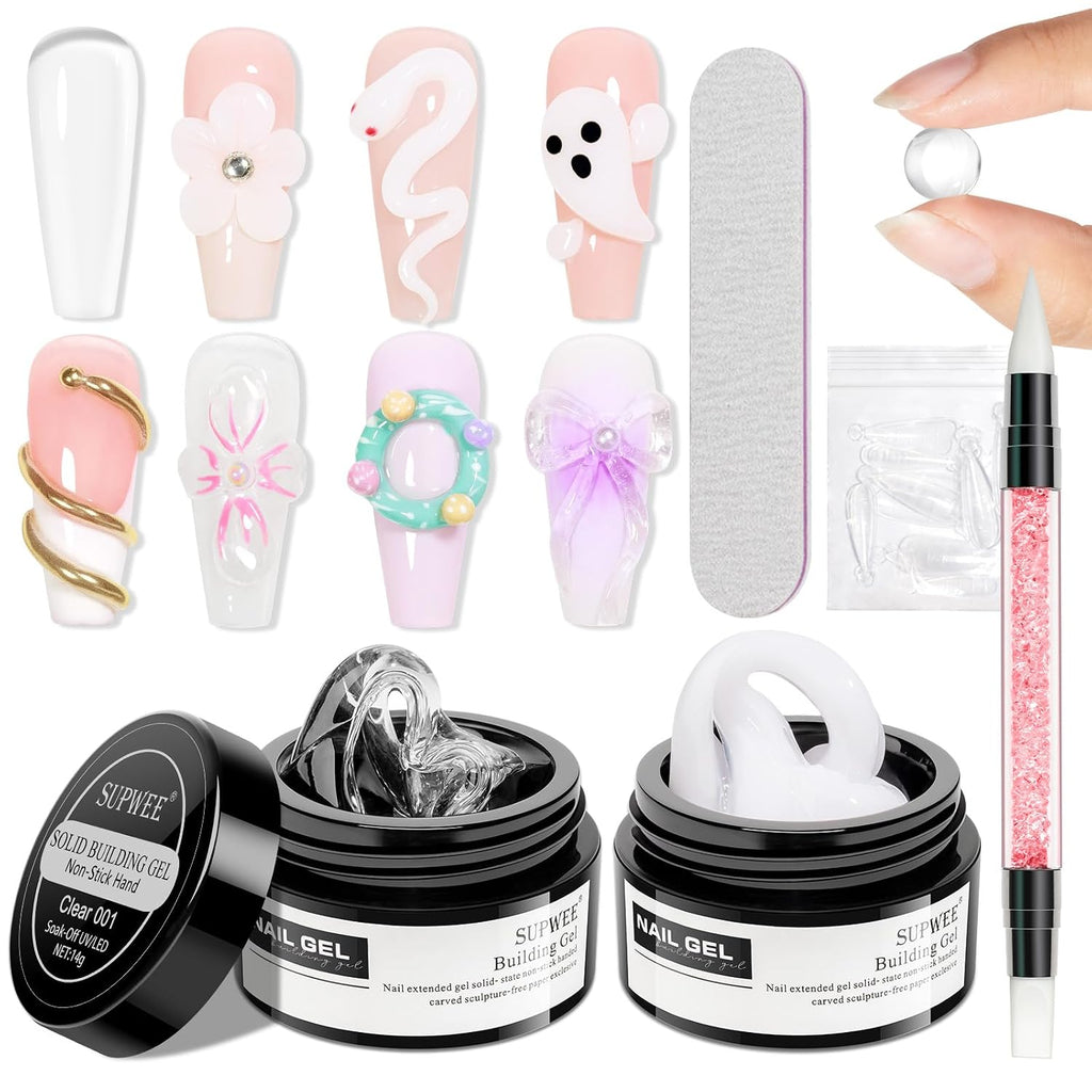 SUPWEE 3D Nail Art Gel Clear & White Builder Kit - Non-Stick for Home Manicure