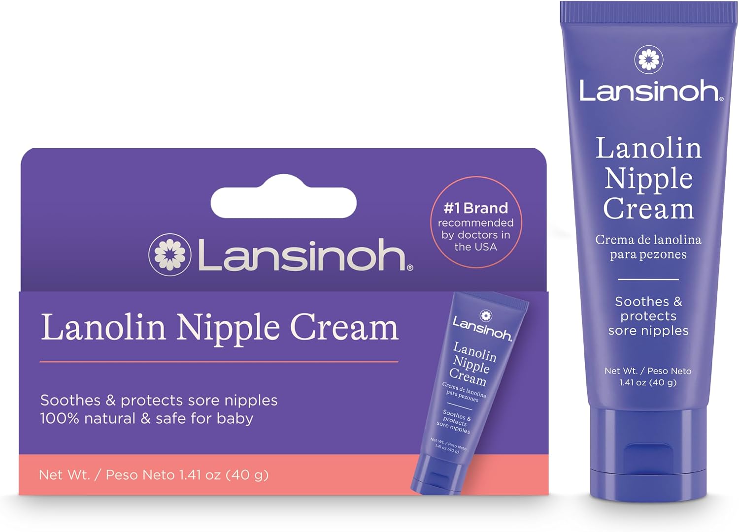 Lansinoh Natural Lanolin Nipple Cream for Sore Breasts - 100% Safe for Baby, 1.41 oz