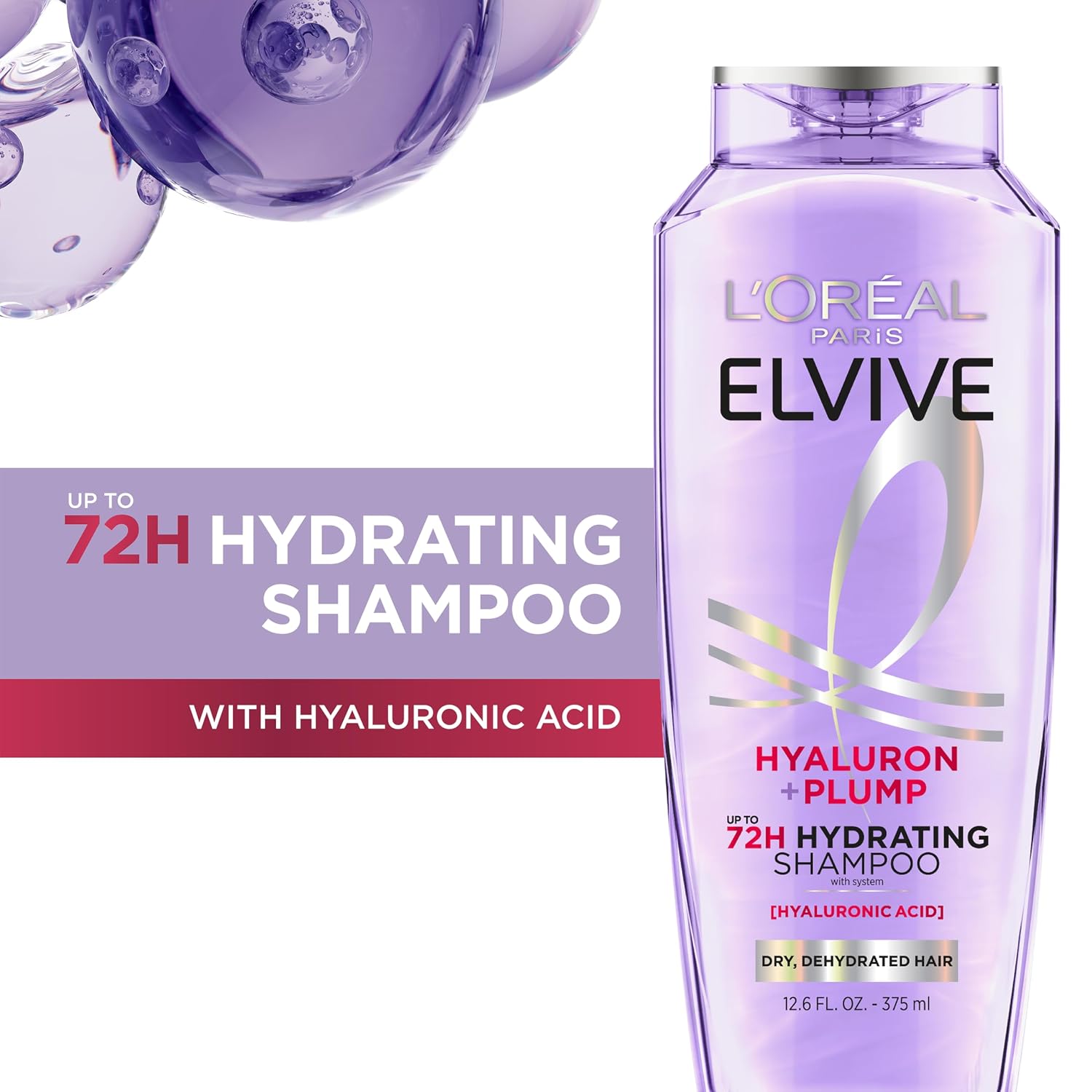L'Oreal Paris Elvive Hyaluron Plump Shampoo - 72H Moisture for Dry Hair, Paraben-Free, 12.6 Fl Oz