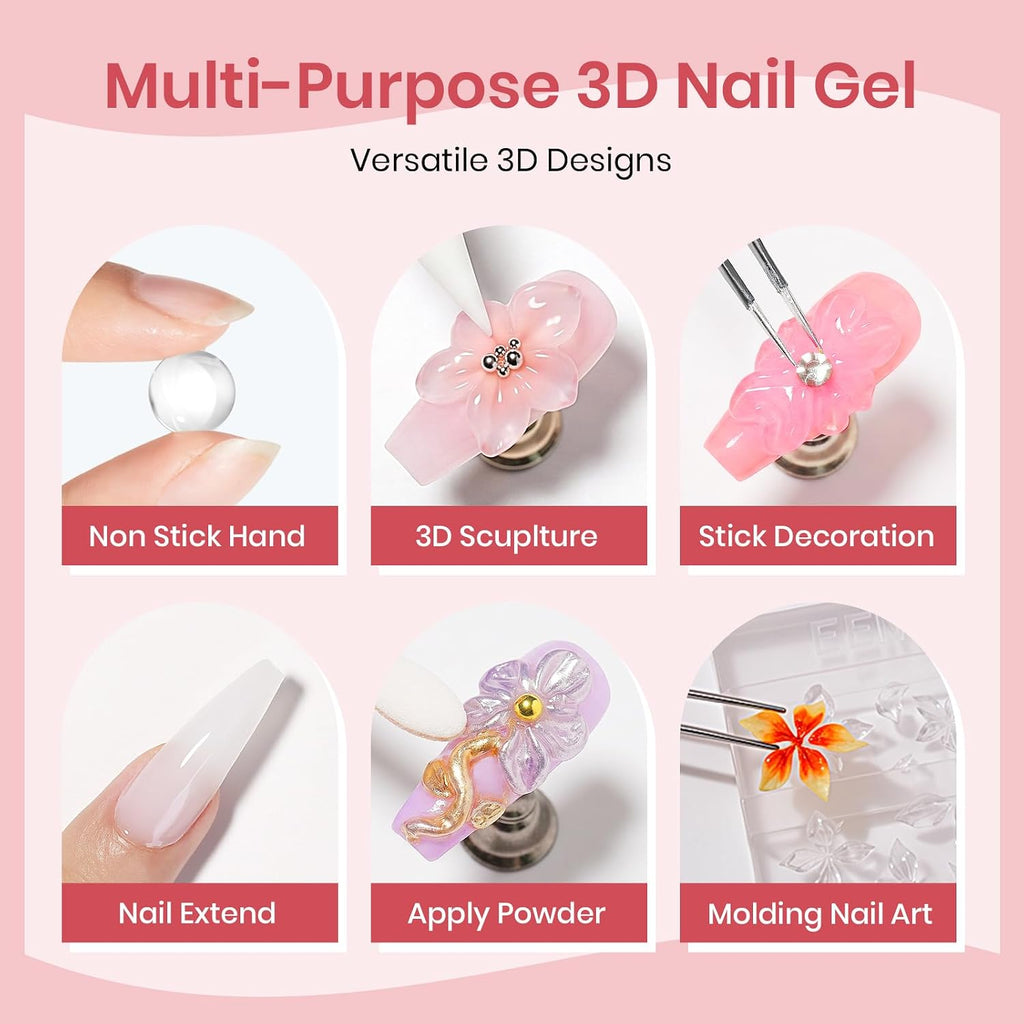 SUPWEE 3D Nail Art Gel Clear & White Builder Kit - Non-Stick for Home Manicure