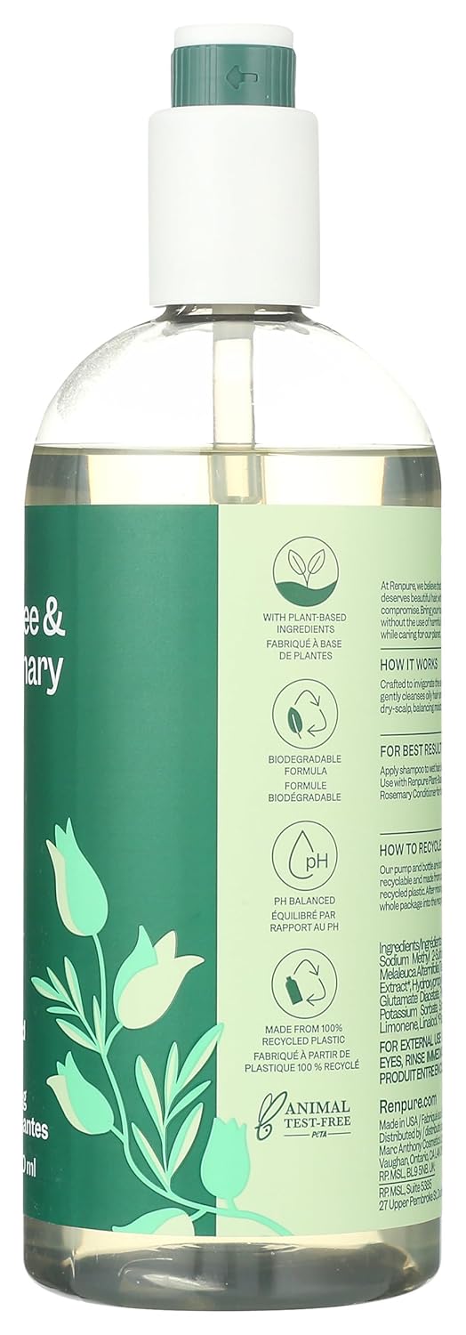 Renpure Plant-Based Tea Tree & Rosemary Shampoo for Dry Scalp - Moisturizing, Dye-Free, 24 fl oz