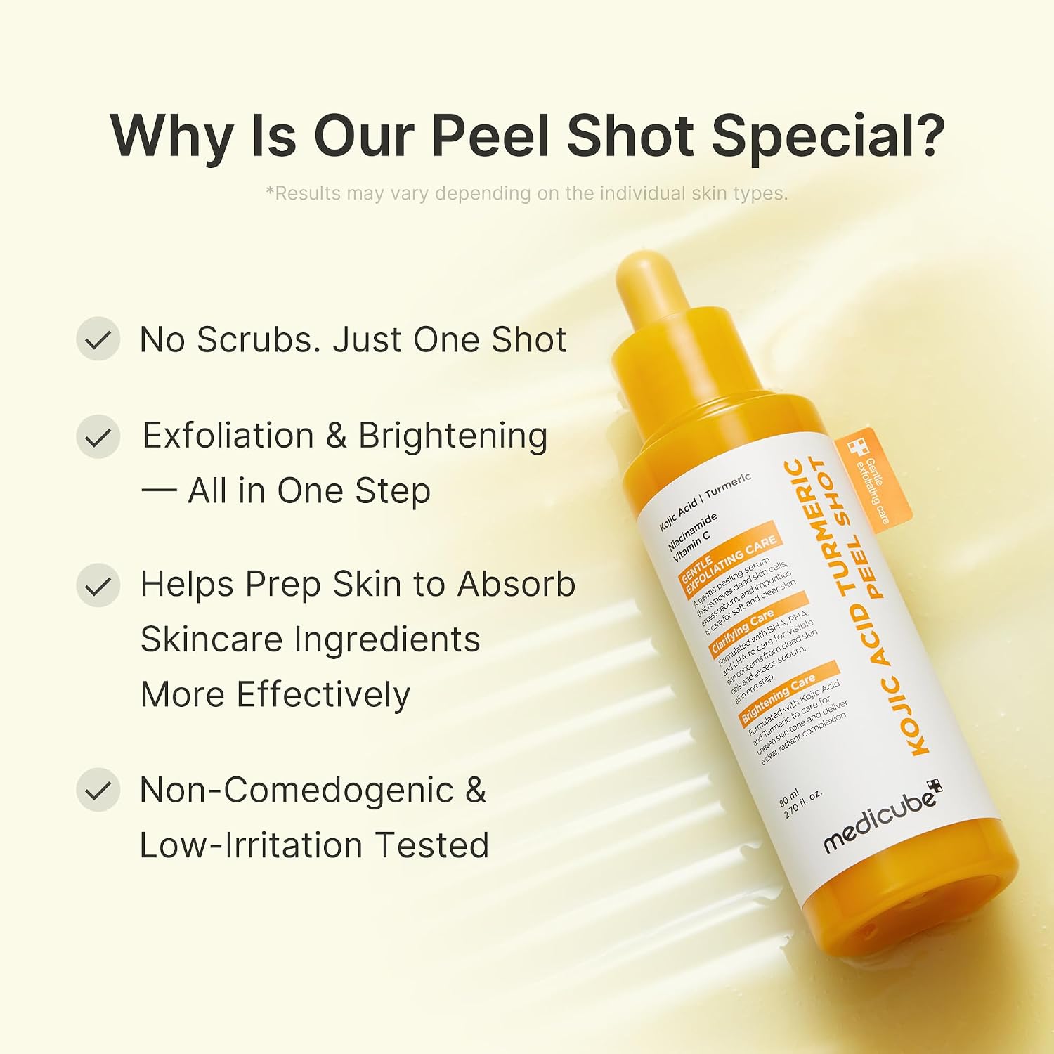 Medicube Turmeric Peel Shot - Gentle Daily Exfoliant with BHA/LHA/PHA for Dull Skin, 2.7 fl.oz
