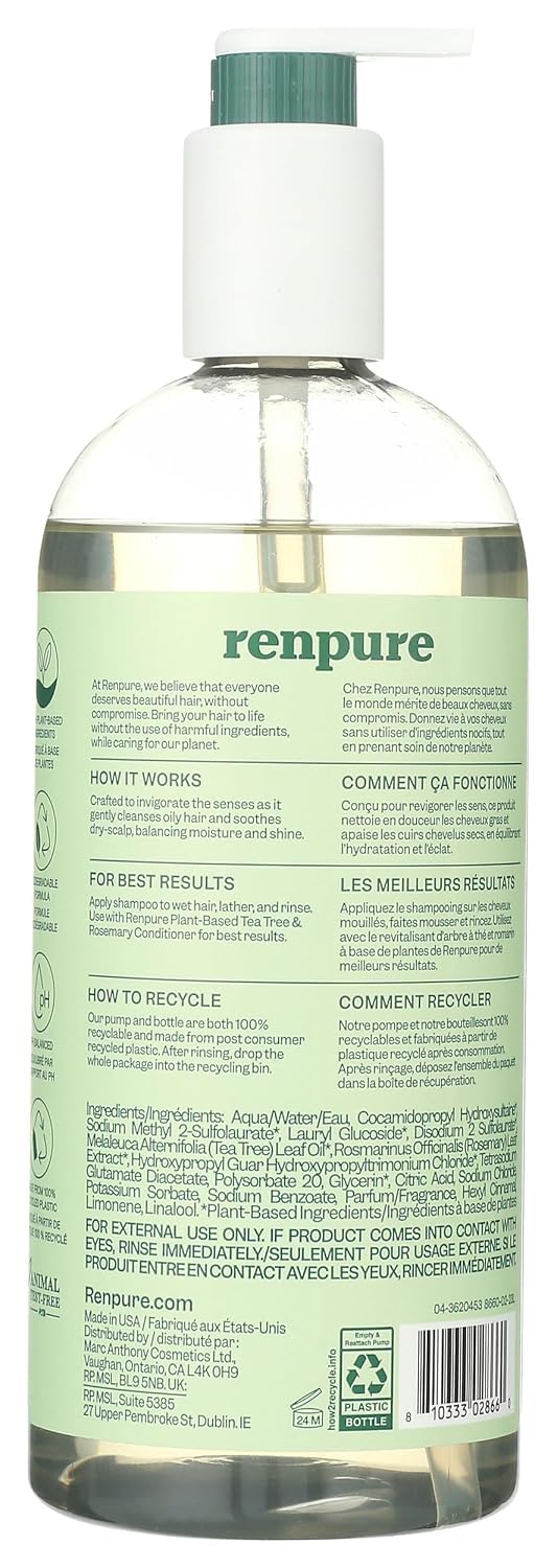 Renpure Plant-Based Tea Tree & Rosemary Shampoo for Dry Scalp - Moisturizing, Dye-Free, 24 fl oz