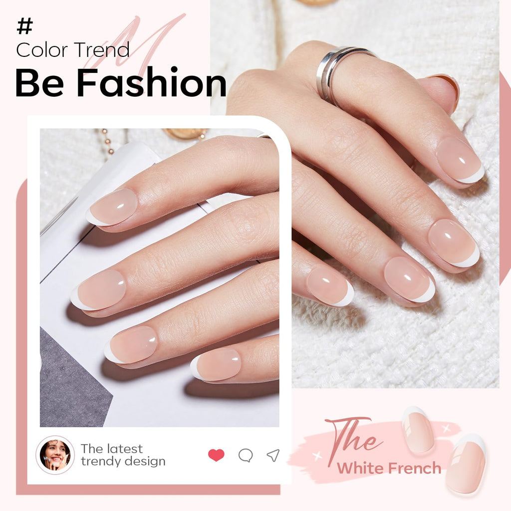 Modelones French Tip Press On Nails - 32Pcs Short Oval Nude Kit
