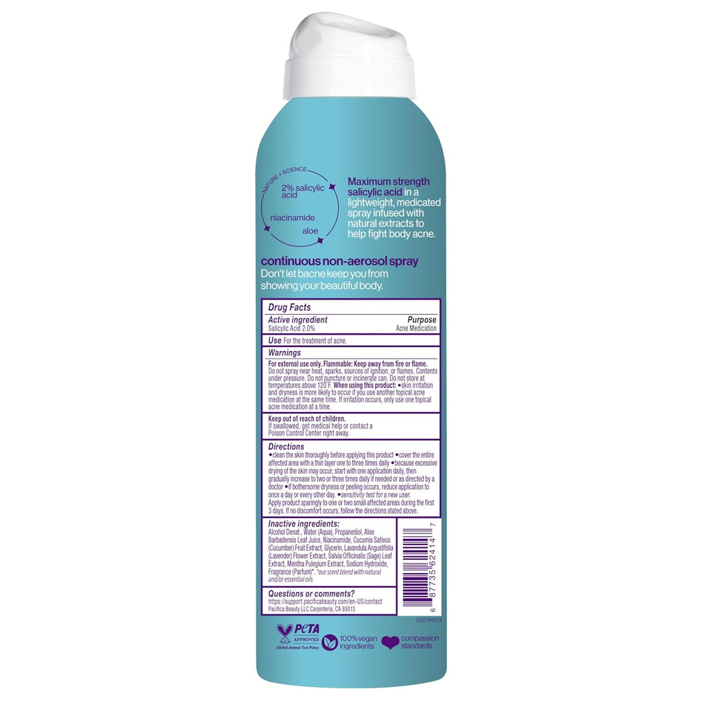 Pacifica Bacne Warrior - 2% Salicylic Acid Back Acne Spray for Body & Chest, Dermatologist Tested, 6 Fl Oz