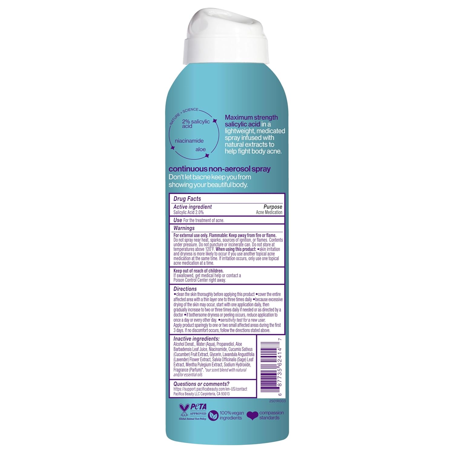 Pacifica Bacne Warrior - 2% Salicylic Acid Back Acne Spray for Body & Chest, Dermatologist Tested, 6 Fl Oz