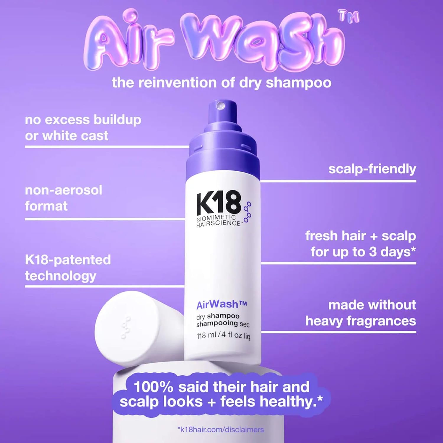 K18 Non-Aerosol Dry Shampoo - Odor-Eliminating & Oil-Control for Up to 3 Days