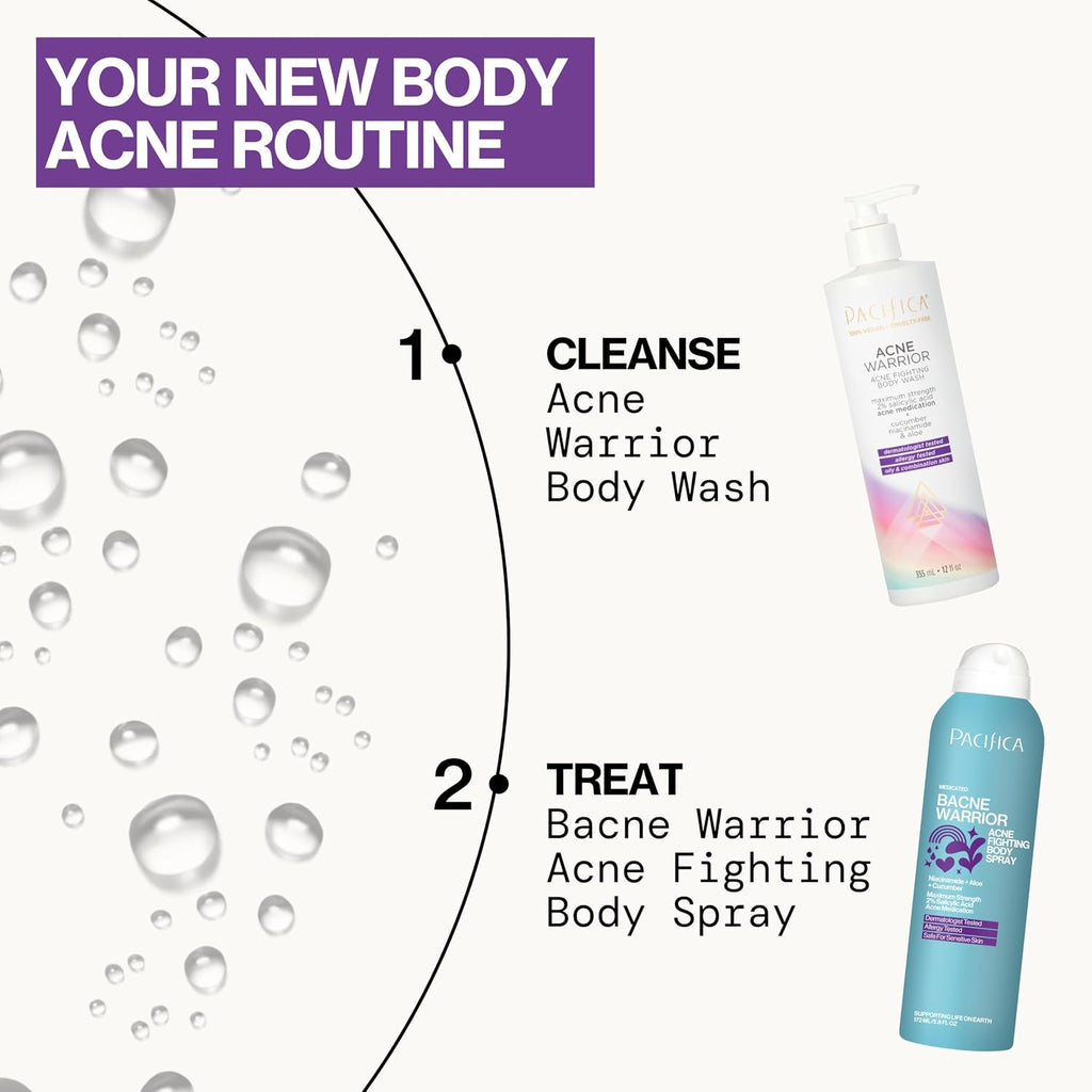 Pacifica Bacne Warrior - 2% Salicylic Acid Back Acne Spray for Body & Chest, Dermatologist Tested, 6 Fl Oz