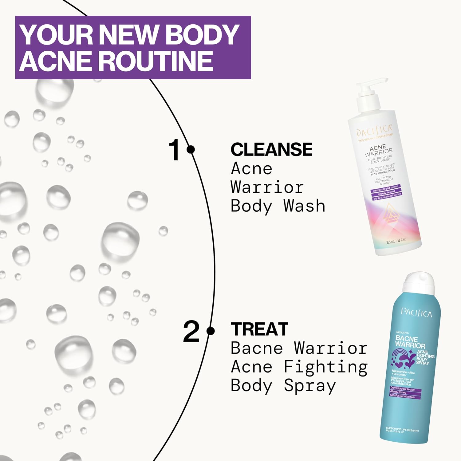 Pacifica Bacne Warrior - 2% Salicylic Acid Back Acne Spray for Body & Chest, Dermatologist Tested, 6 Fl Oz