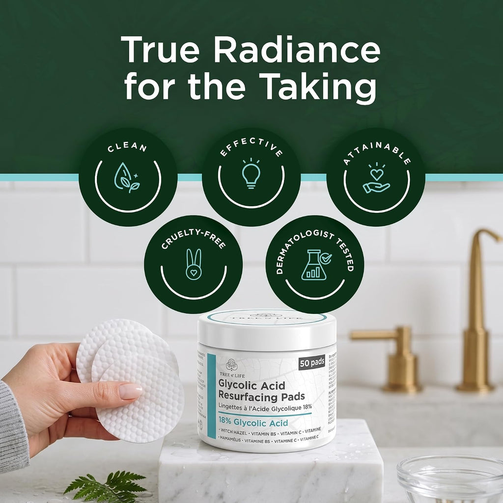 Tree of Life Beauty 18% Glycolic Acid Face Pads (50 Count) - Exfoliating Pads with Witch Hazel for Smoother Skin