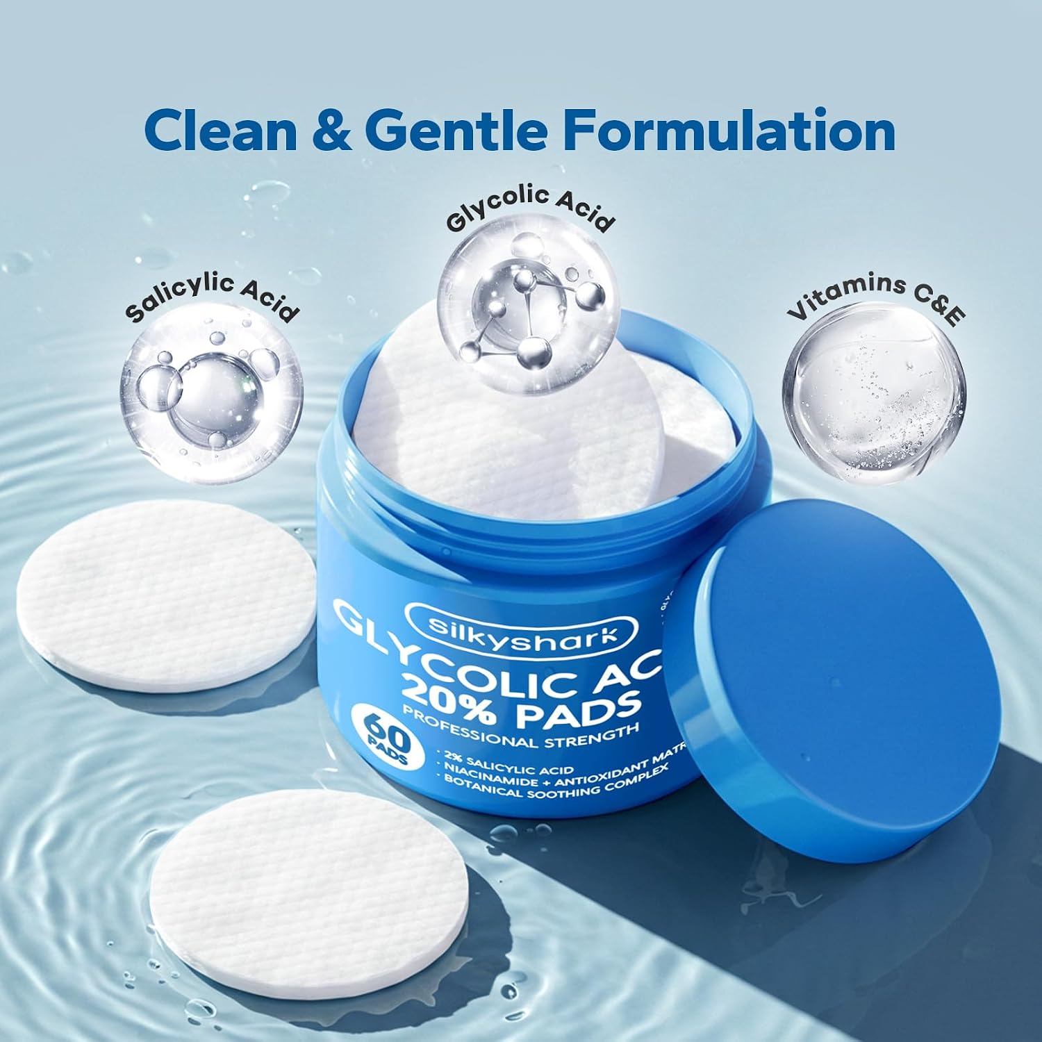 SilkyShark 20% Glycolic Acid + Salicylic Acid Resurfacing Pads for Face & Body, 60 Count
