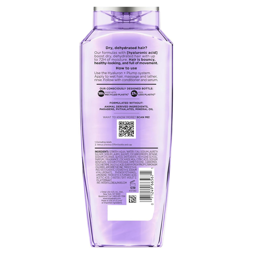 L'Oreal Paris Elvive Hyaluron Plump Shampoo - 72H Moisture for Dry Hair, Paraben-Free, 12.6 Fl Oz