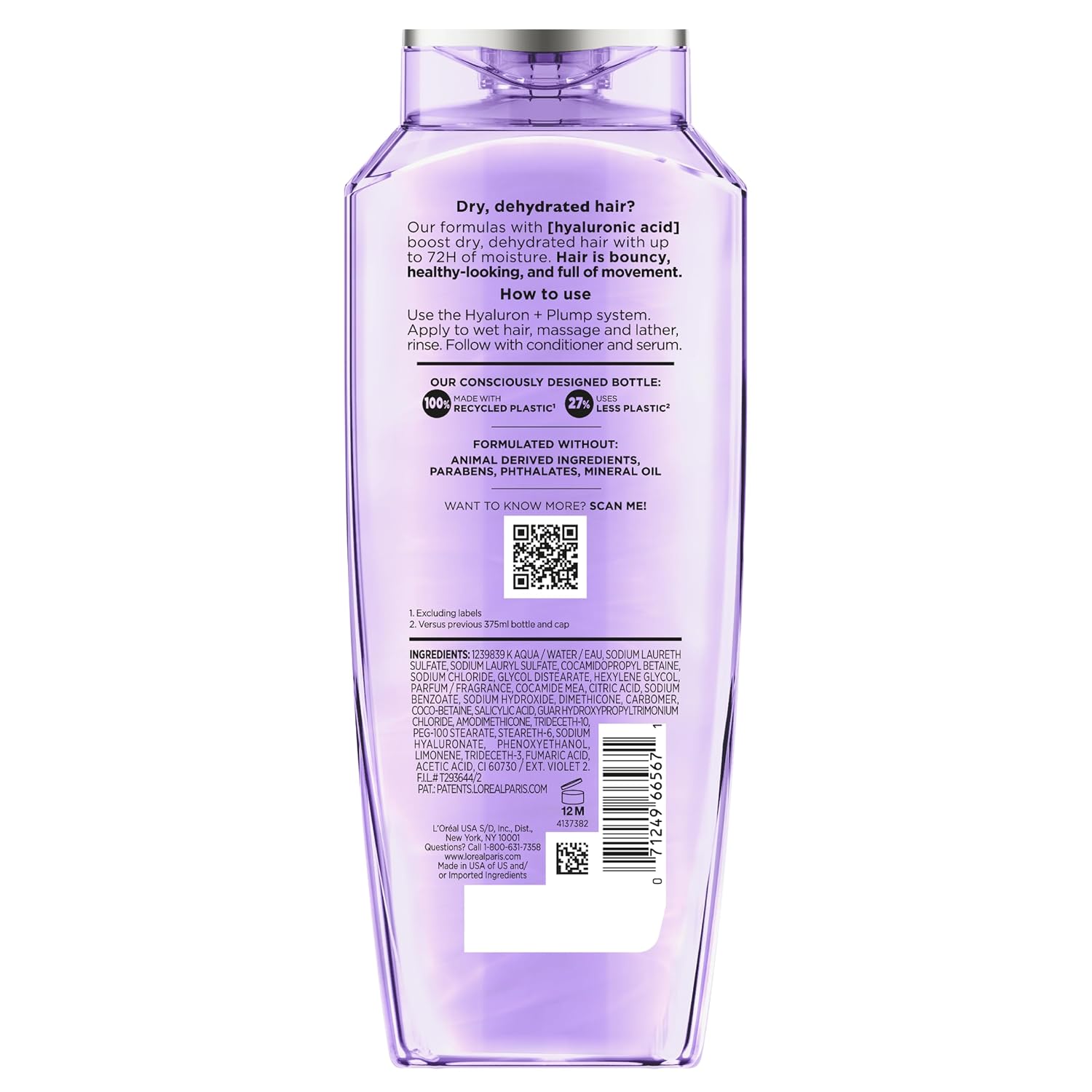 L'Oreal Paris Elvive Hyaluron Plump Shampoo - 72H Moisture for Dry Hair, Paraben-Free, 12.6 Fl Oz