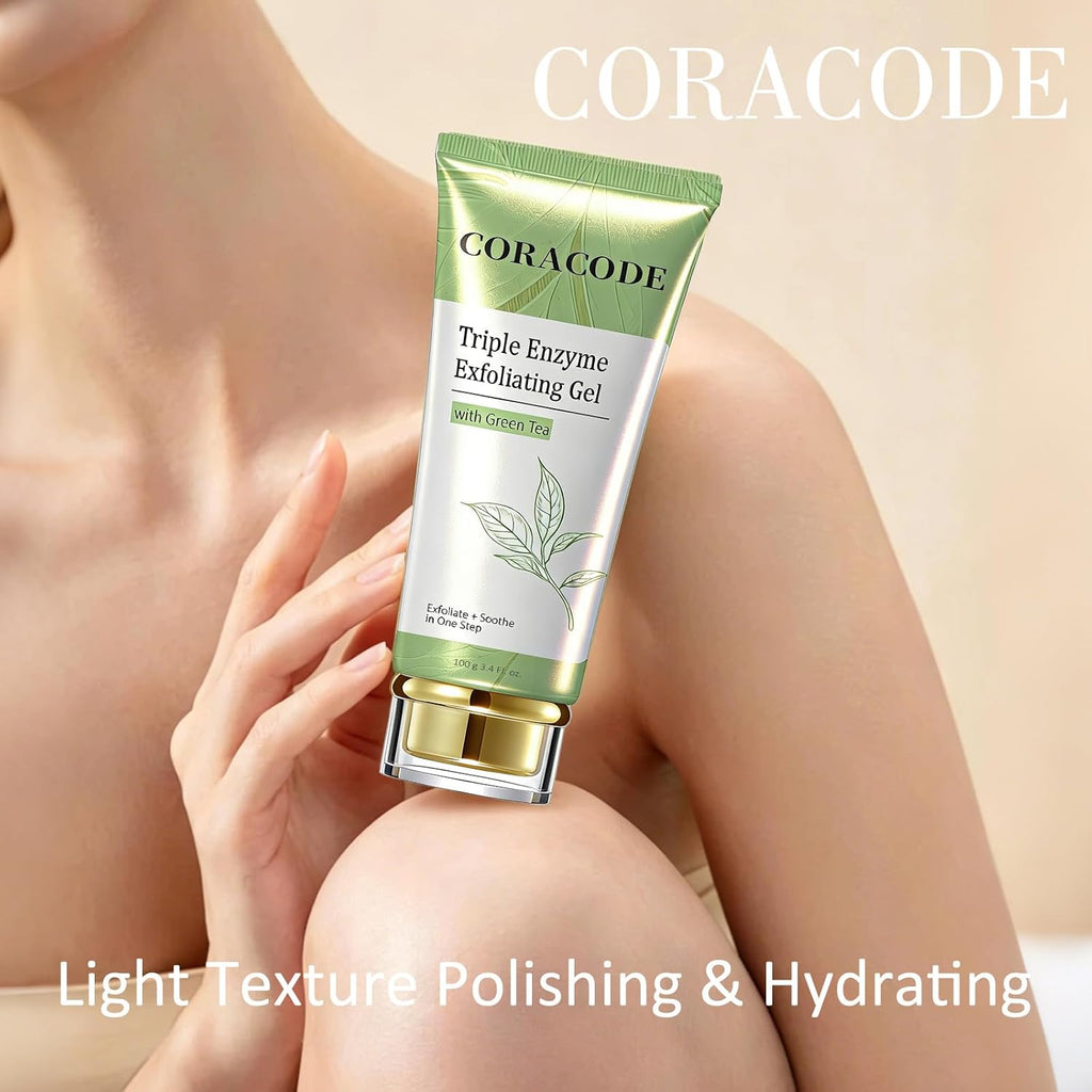 CORACODE Triple Enzyme Green Tea Facial Exfoliant Gel - Gentle Peel for Smoother Skin (100ml)