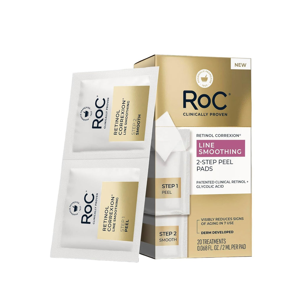 RoC Retinol Correxion Line Smoothing 2-Step Peel Pads - Clinical Retinol & 5-Acid Blend for Fine Lines & Dull Skin, 20 Treatments