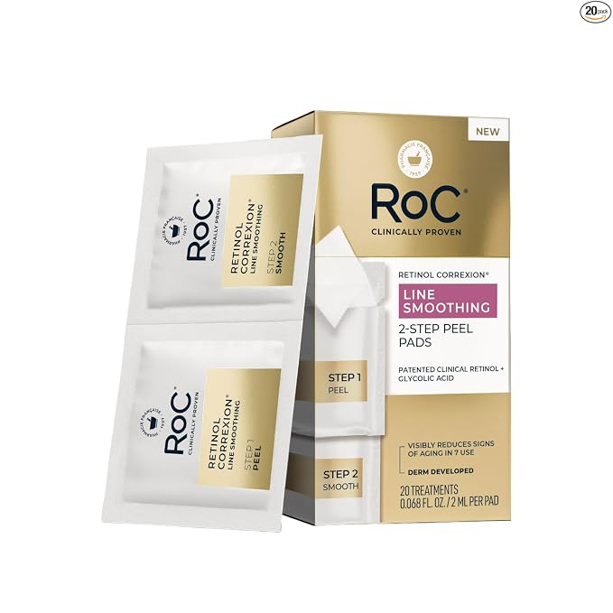 RoC Retinol Correxion Line Smoothing 2-Step Peel Pads - Clinical Retinol & 5-Acid Blend for Fine Lines & Dull Skin, 20 Treatments