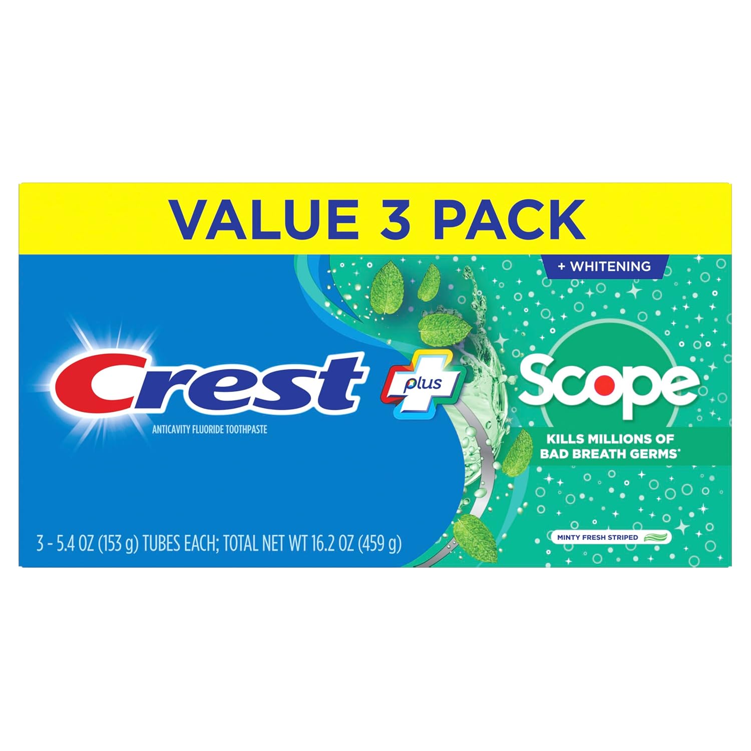 Crest + Scope Whitening Fluoride Toothpaste (3-Pack) - 5.4 oz Tubes for Fresh Breath & Cavity Protection