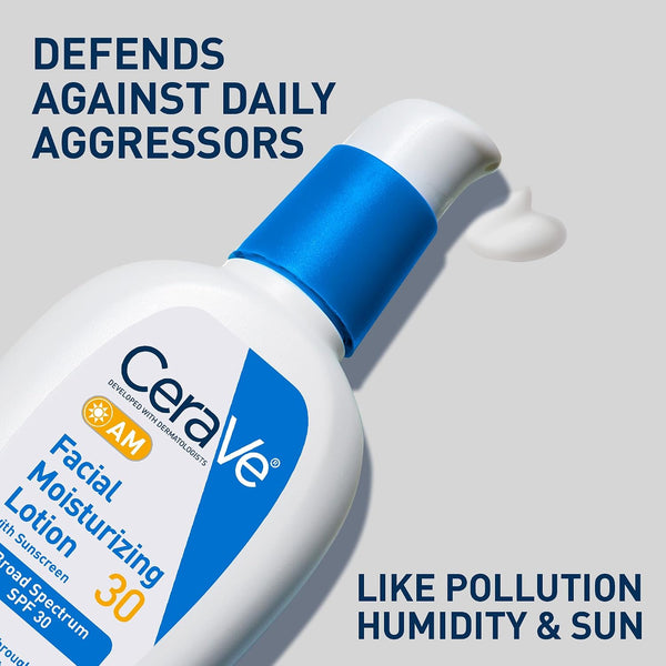 CeraVe AM SPF 30 Facial Moisturizer with Hyaluronic Acid & Ceramides - Oil-Free Daily Sunscreen for All Skin Types, 3 fl oz