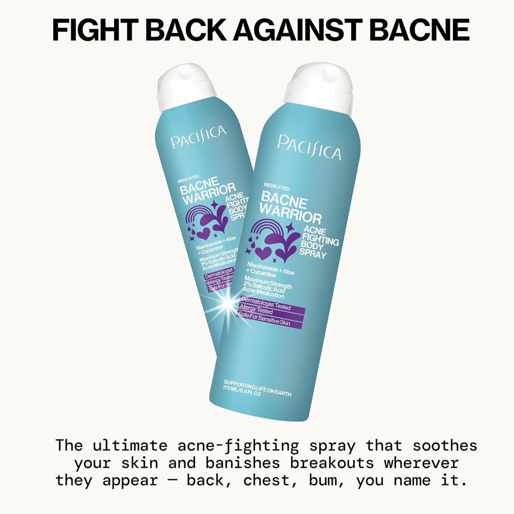 Pacifica Bacne Warrior - 2% Salicylic Acid Back Acne Spray for Body & Chest, Dermatologist Tested, 6 Fl Oz