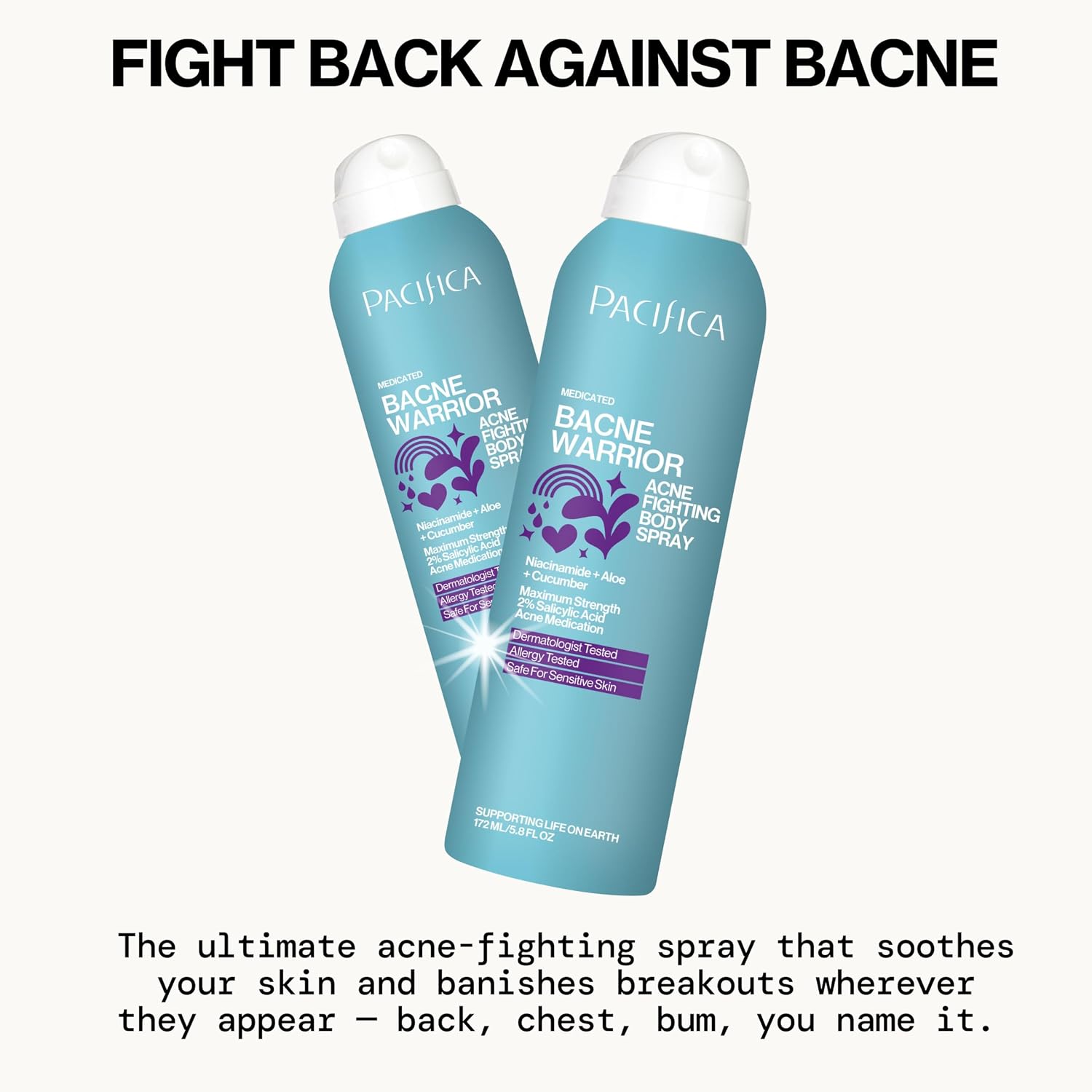 Pacifica Bacne Warrior - 2% Salicylic Acid Back Acne Spray for Body & Chest, Dermatologist Tested, 6 Fl Oz