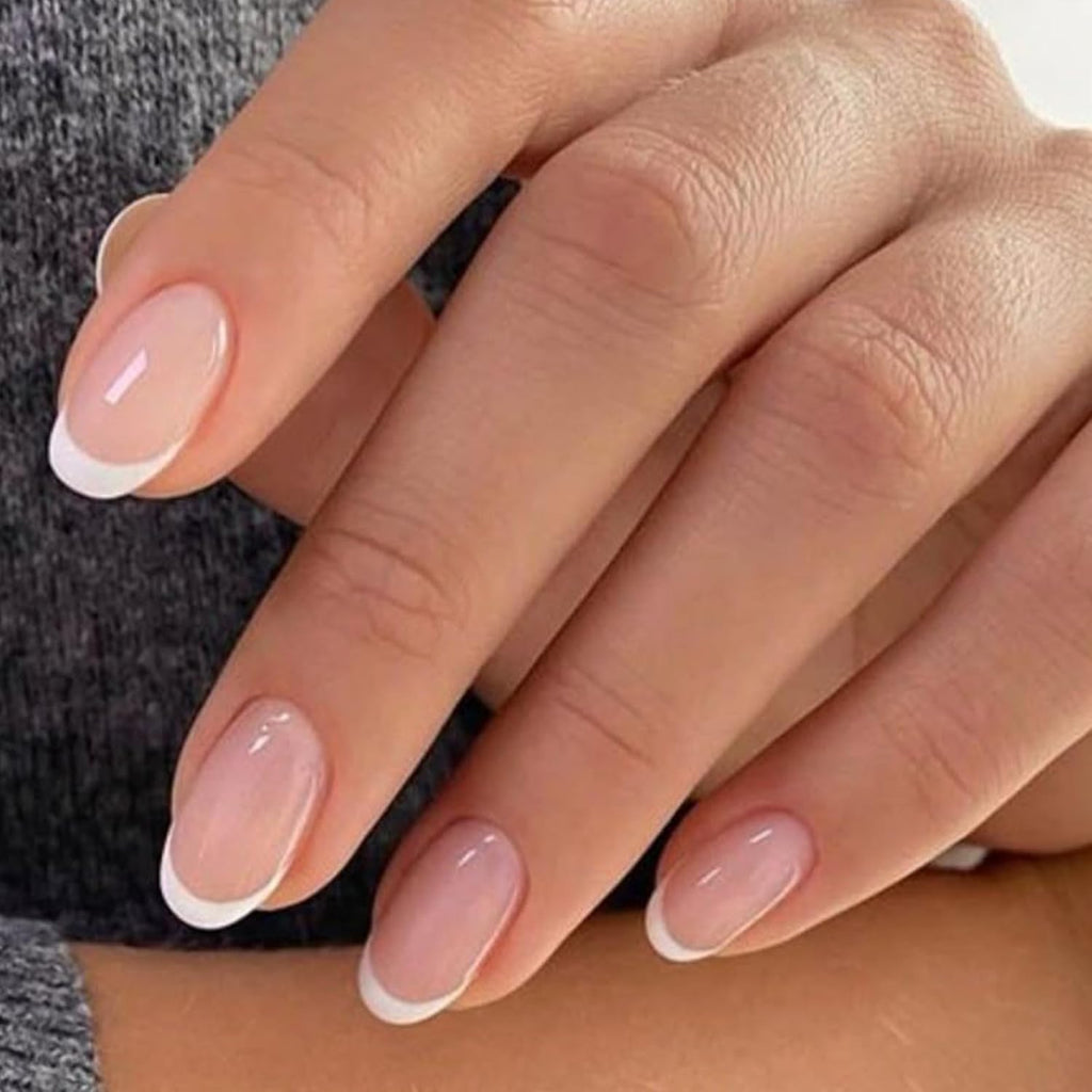 Modelones French Tip Press On Nails - 32Pcs Short Oval Nude Kit