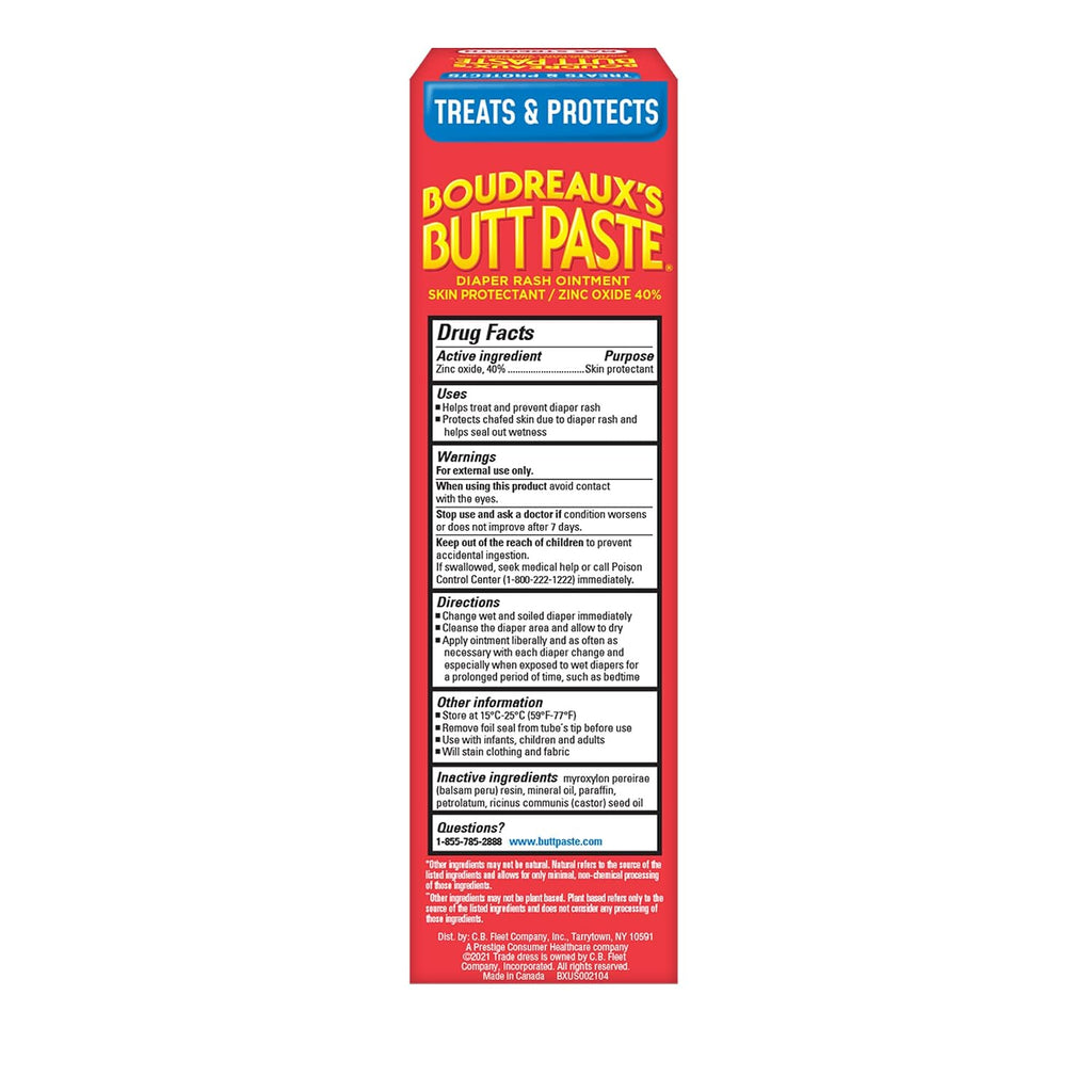Fast-Acting Baby Diaper Rash Cream - Boudreaux's Butt Paste Max Strength (40% Zinc Oxide), 4 oz Tube