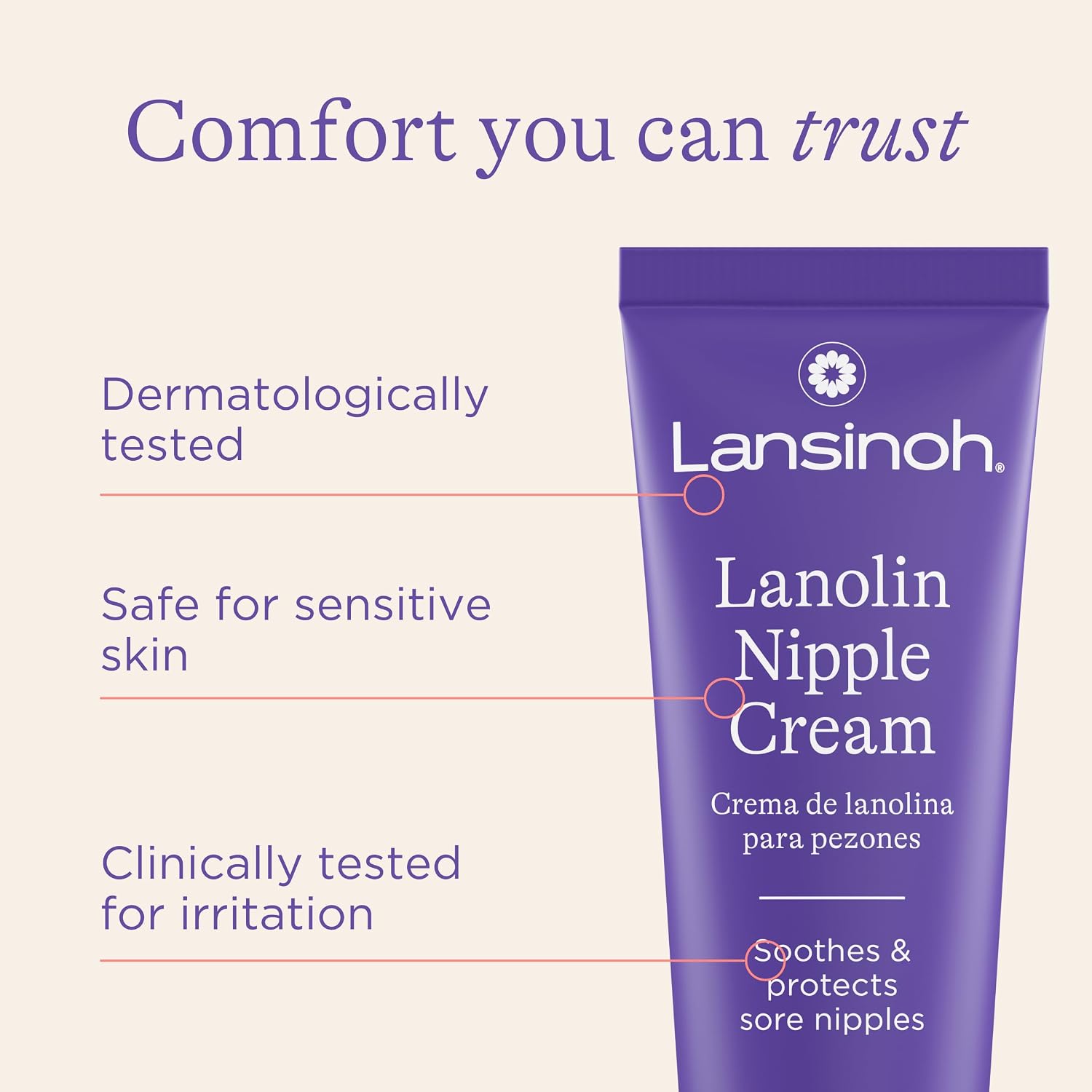 Lansinoh Natural Lanolin Nipple Cream for Sore Breasts - 100% Safe for Baby, 1.41 oz