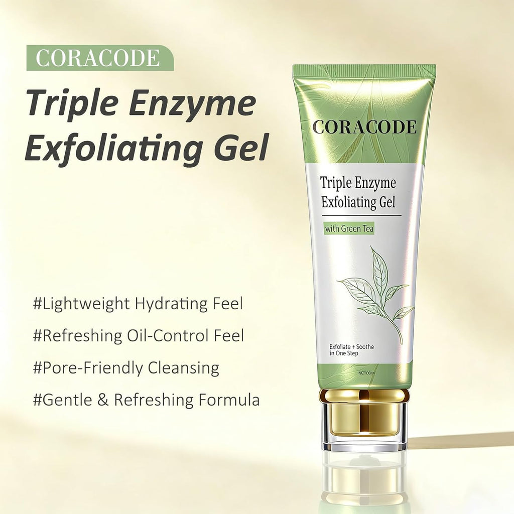 CORACODE Triple Enzyme Green Tea Facial Exfoliant Gel - Gentle Peel for Smoother Skin (100ml)