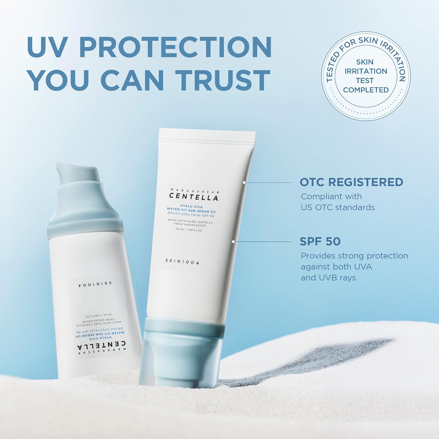 SKIN1004 Centella Hyalu-Cica Sun Serum SPF 50 - Lightweight Daily Facial Sunscreen for All Skin Types