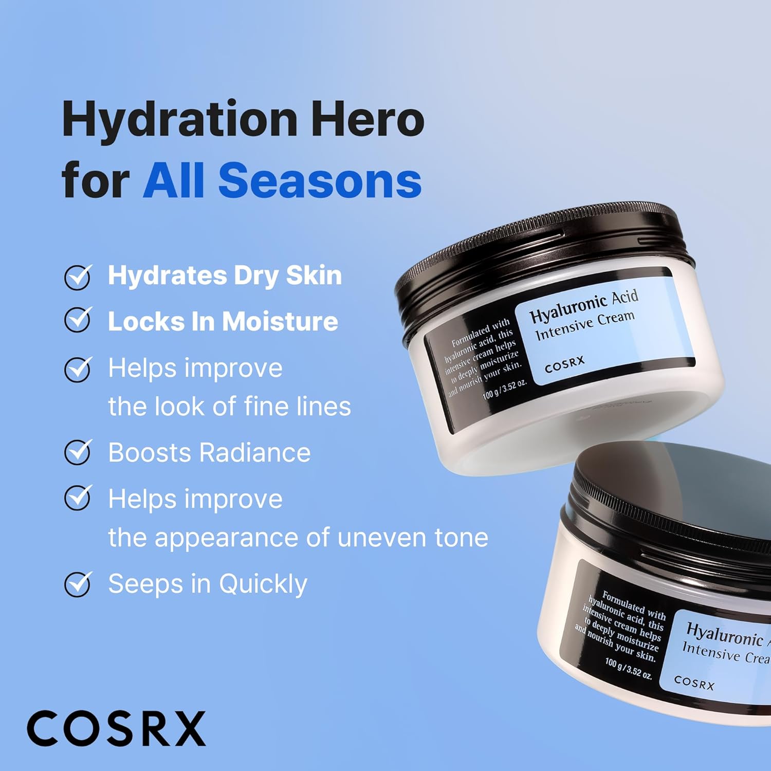 COSRX Hyaluronic Acid Moisturizer for Sensitive Skin - Lightweight, Non-Greasy Daily Cream, 3.52 oz