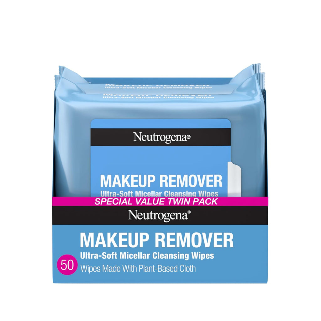 Neutrogena Micellar Makeup Remover Wipes - Alcohol-Free, Compostable, Removes Waterproof Mascara (Twin Pack 2×25)