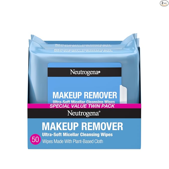 Neutrogena Micellar Makeup Remover Wipes - Alcohol-Free, Compostable, Removes Waterproof Mascara (Twin Pack 2×25)
