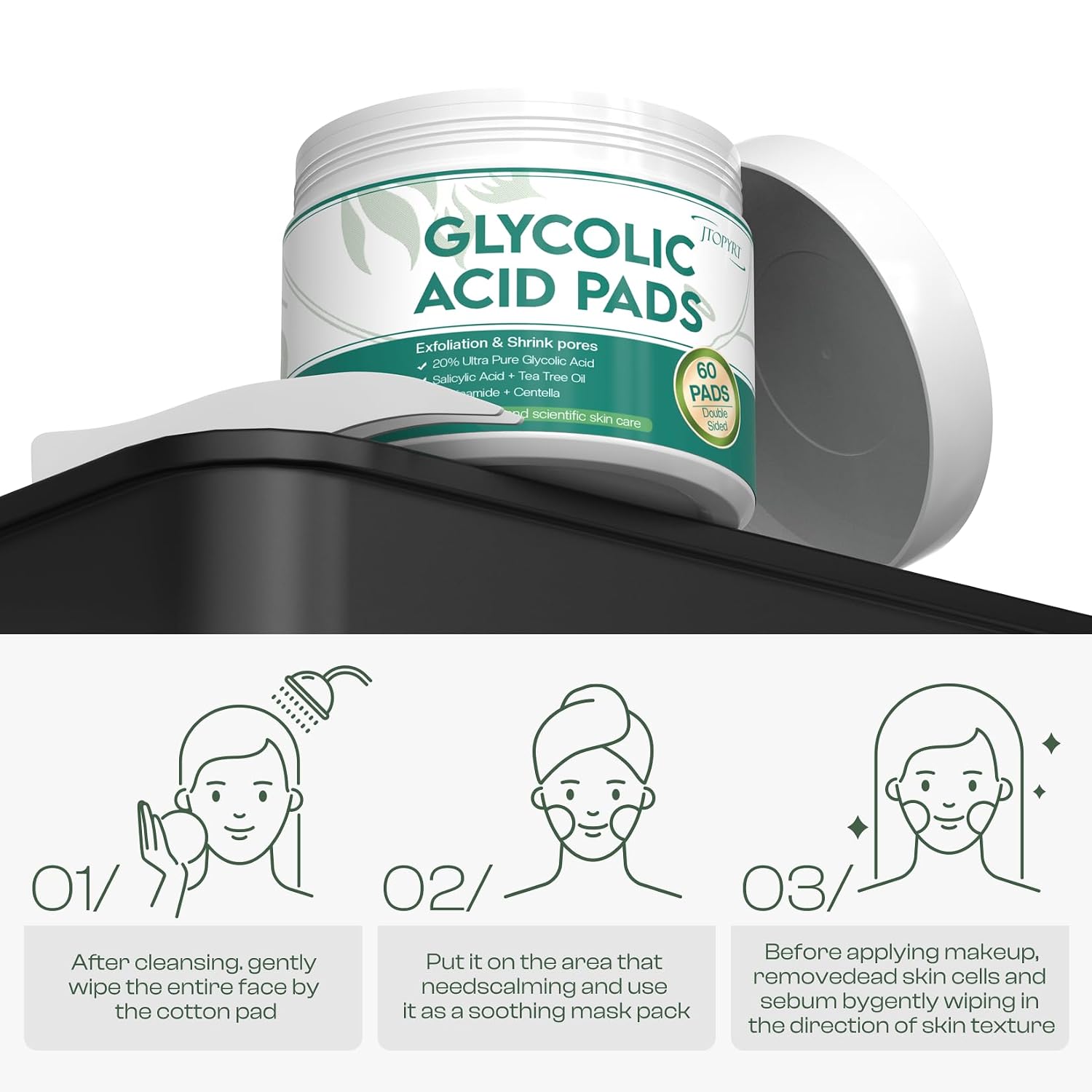 Jtopyrt 20% Glycolic Acid Pads - Dual-Sided Exfoliating Face Peels for Acne & Fine Lines, 60 Count