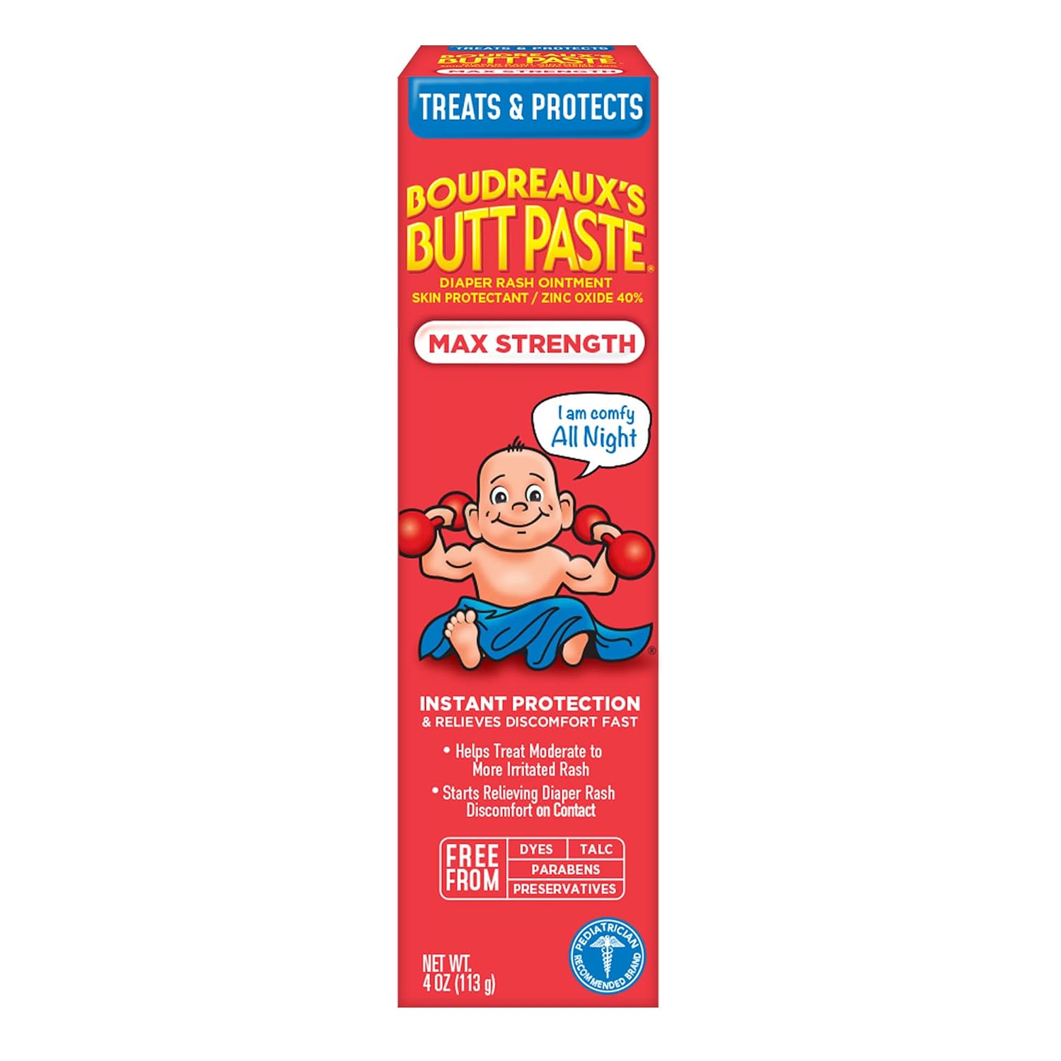 Fast-Acting Baby Diaper Rash Cream - Boudreaux's Butt Paste Max Strength (40% Zinc Oxide), 4 oz Tube