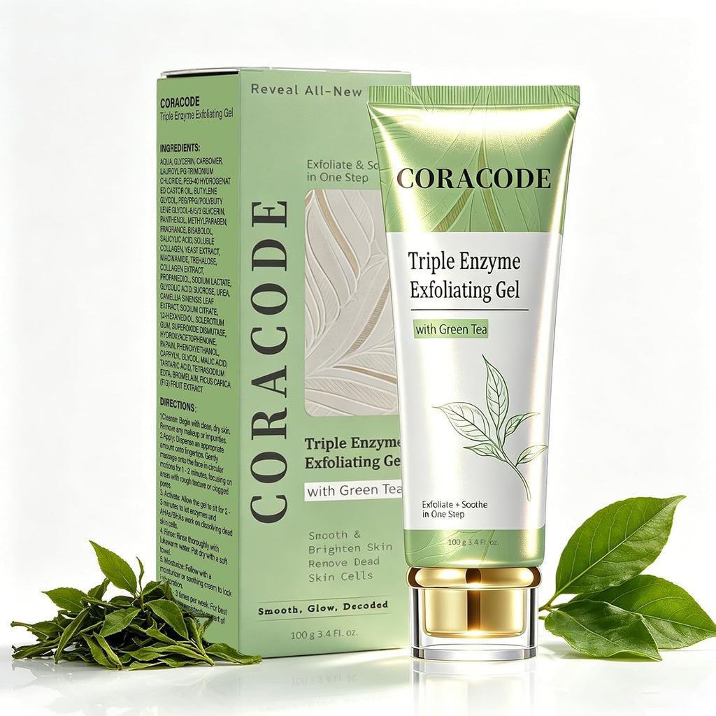 CORACODE Triple Enzyme Green Tea Facial Exfoliant Gel - Gentle Peel for Smoother Skin (100ml)