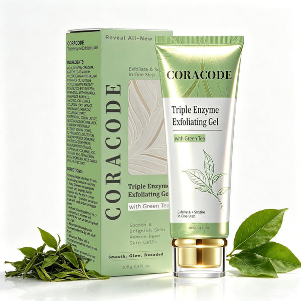CORACODE Triple Enzyme Green Tea Facial Exfoliant Gel - Gentle Peel for Smoother Skin (100ml)