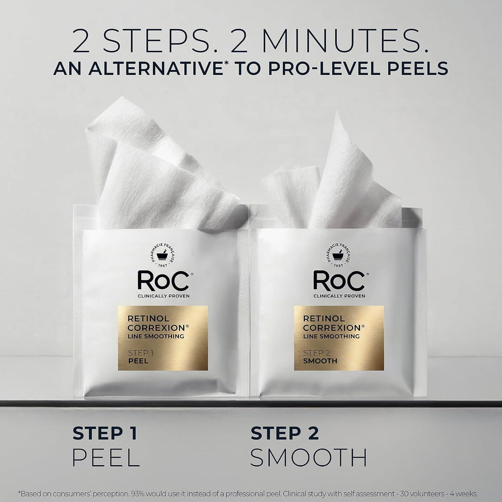 RoC Retinol Correxion Line Smoothing 2-Step Peel Pads - Clinical Retinol & 5-Acid Blend for Fine Lines & Dull Skin, 20 Treatments