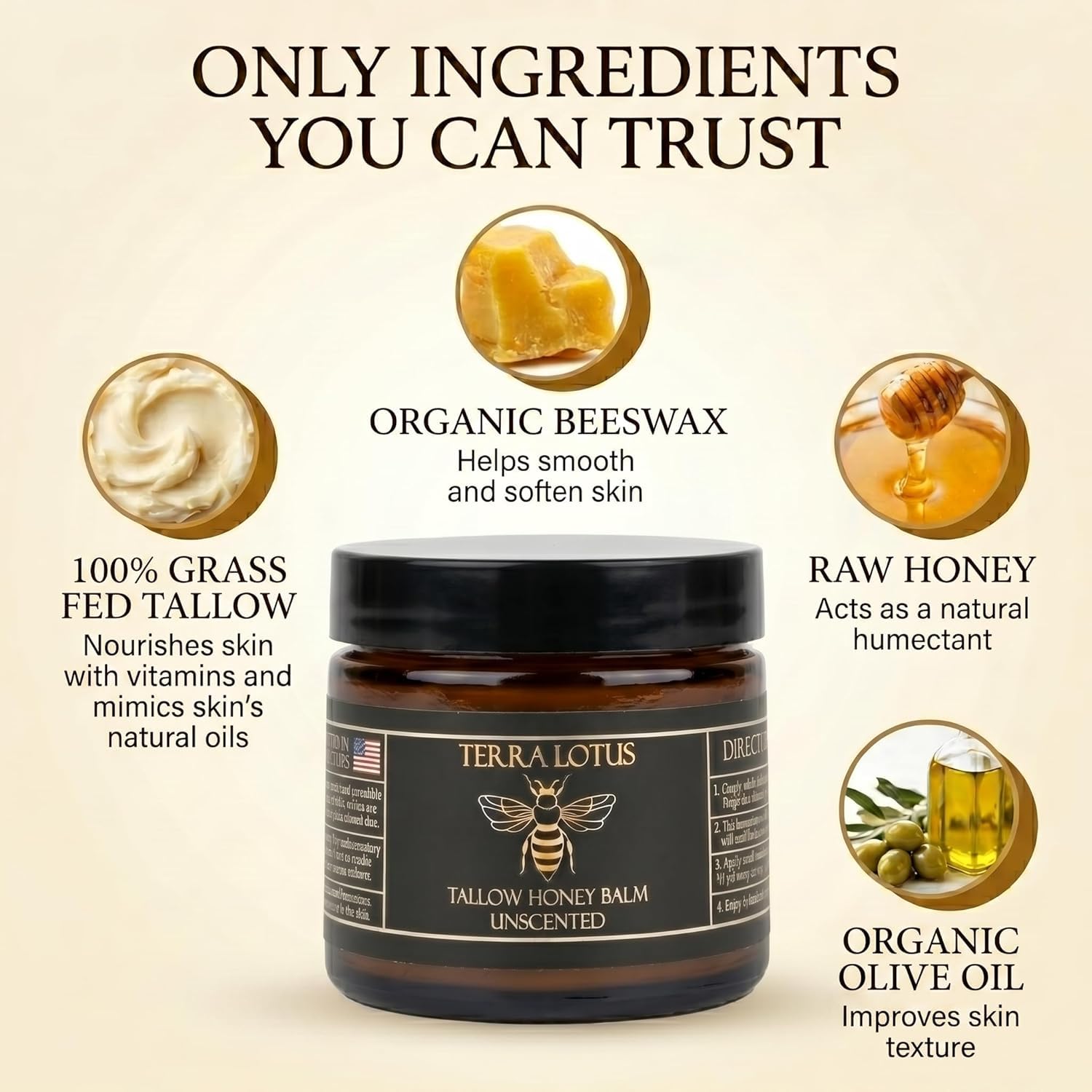 Terra Lotus Organic Grass-Fed Beef Tallow Balm - Unscented Face Moisturizer (2 oz)