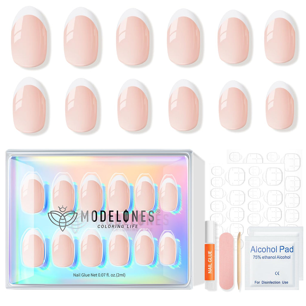 Modelones French Tip Press On Nails - 32Pcs Short Oval Nude Kit