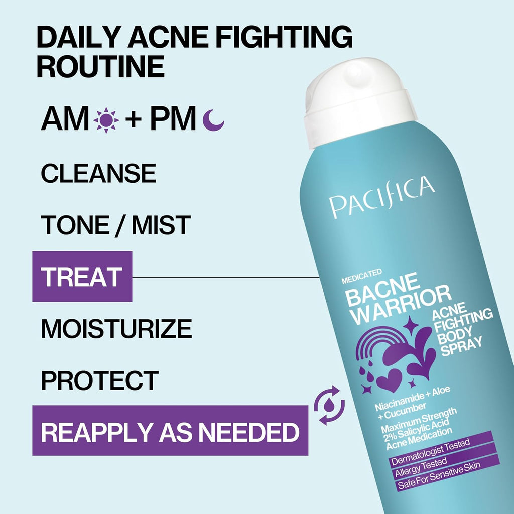 Pacifica Bacne Warrior - 2% Salicylic Acid Back Acne Spray for Body & Chest, Dermatologist Tested, 6 Fl Oz