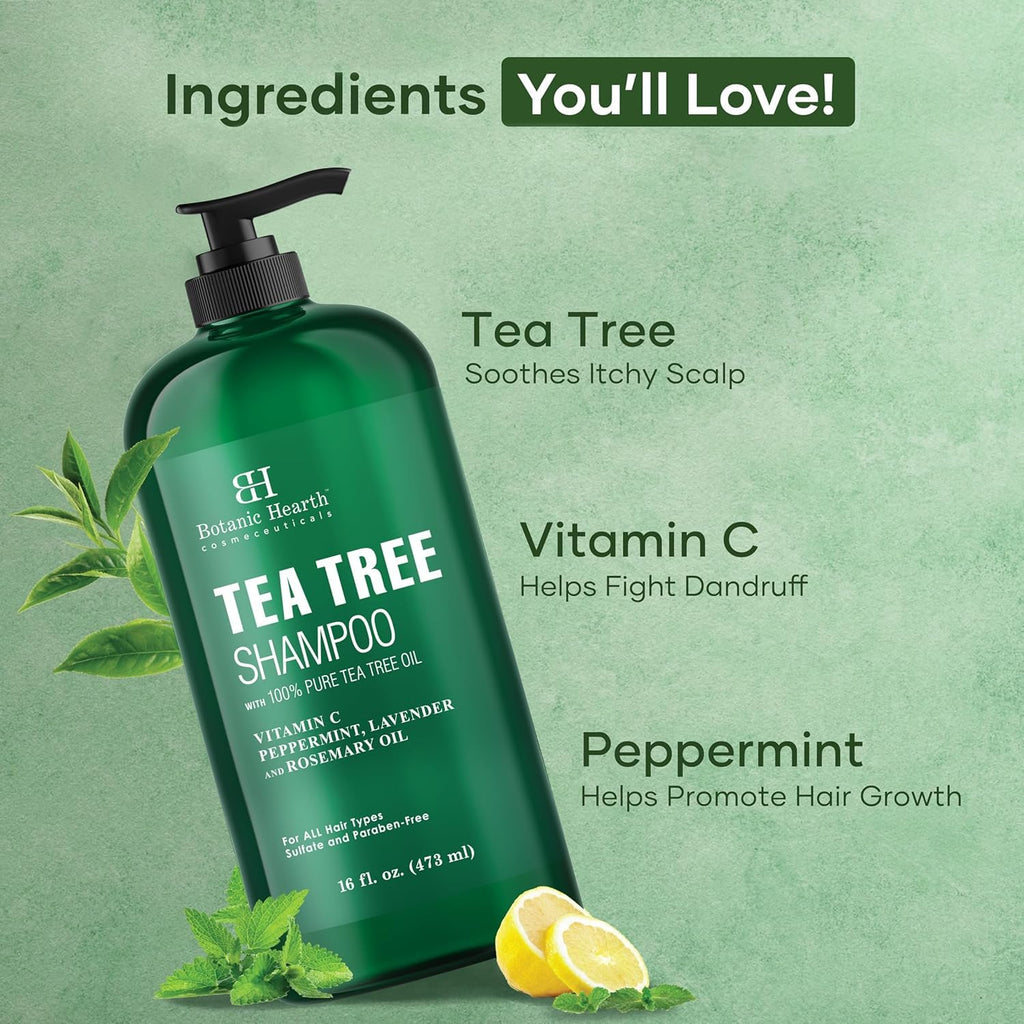 Botanic Hearth Tea Tree Shampoo for Dandruff & Dry Scalp - Vitamin C, Peppermint Oil, 16oz